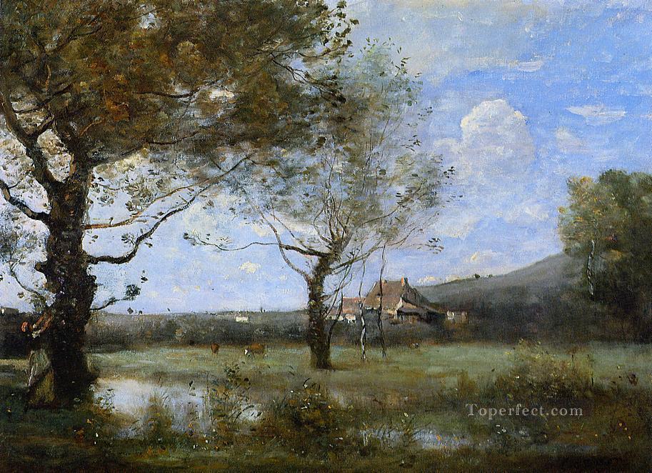 Pradera con dos grandes árboles arroyo Jean Baptiste Camille Corot Pintura al óleo